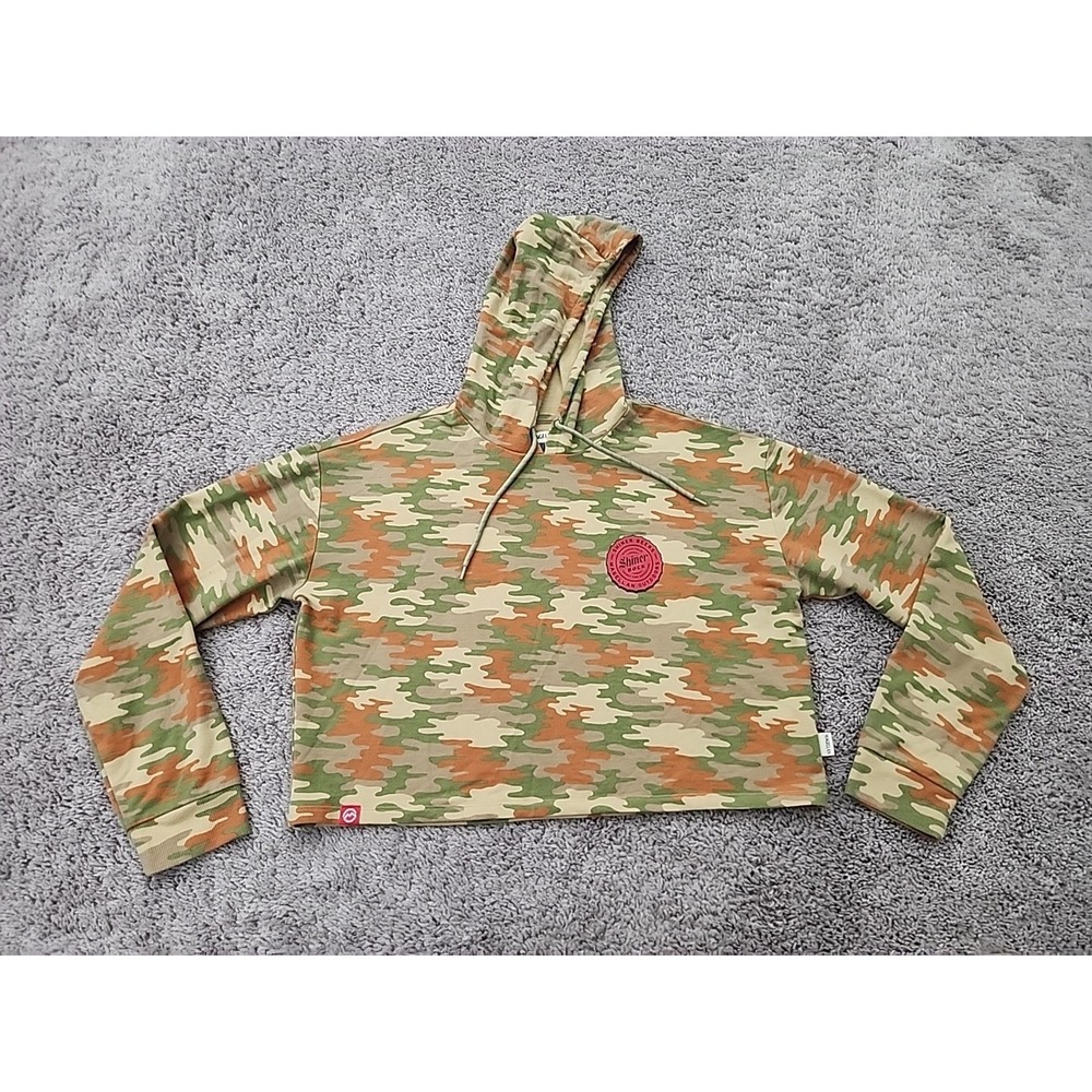 Shiner Bock Hoodie Womens M Magellan Outdoors Orange Camo Classic Boxy Crop